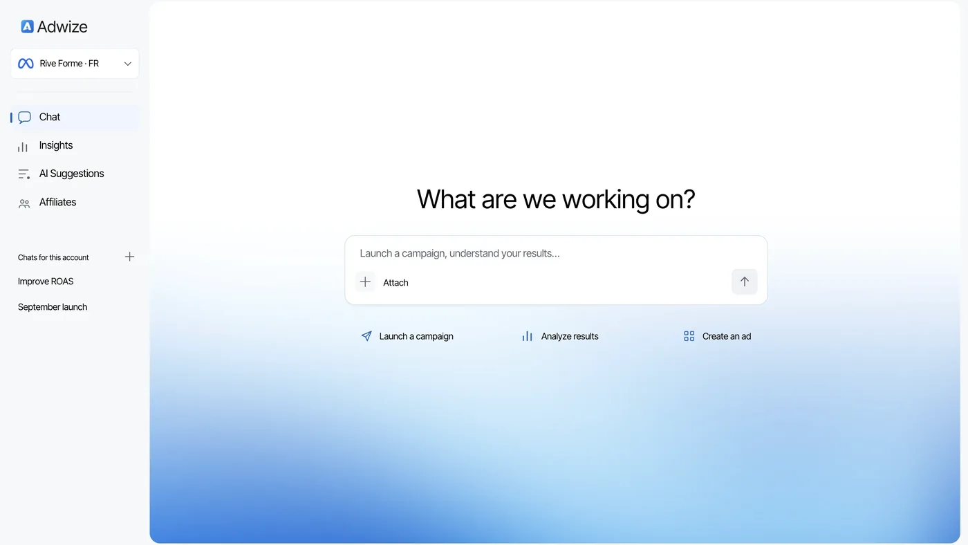 The Adwize chat from the Brand Kit: “What are we working on?” above a box to launch a campaign or understand results.