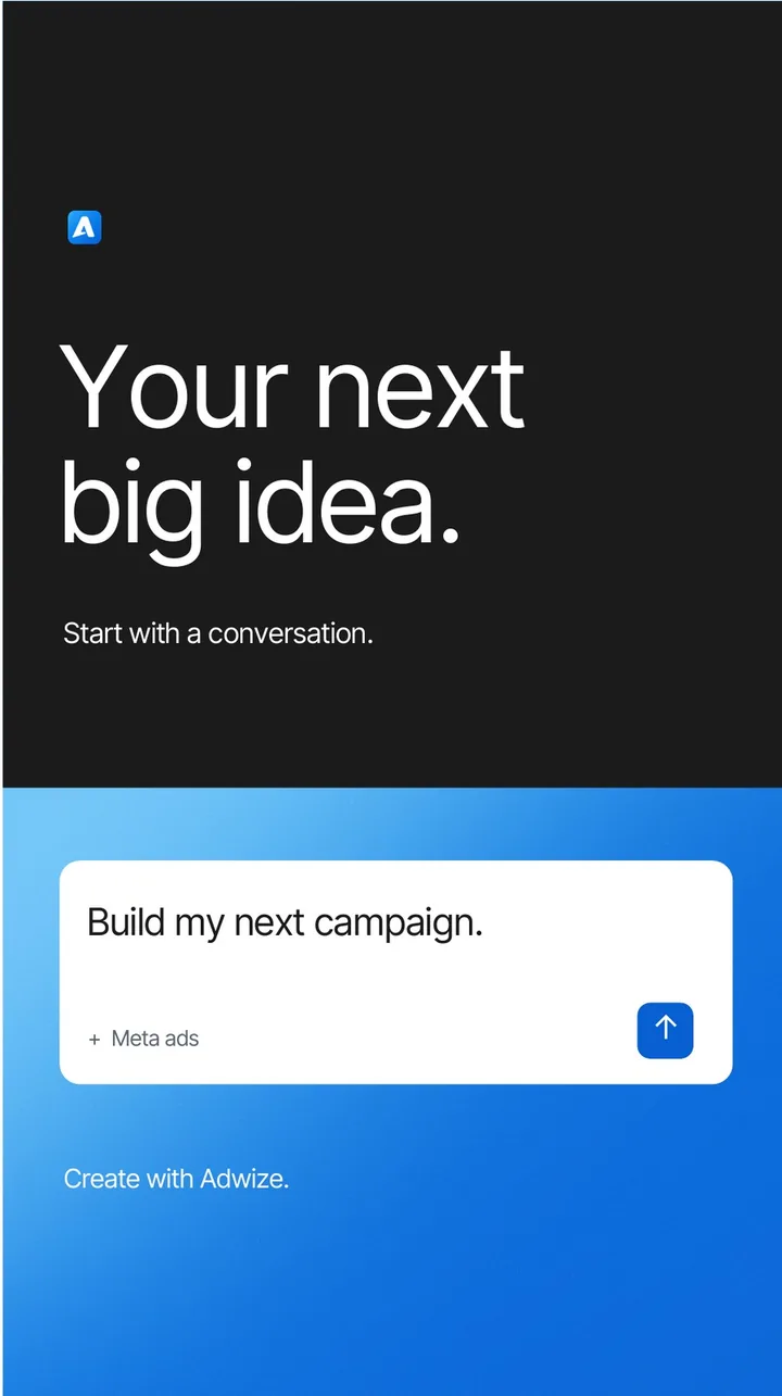 Adwize Brand Kit slide “Your next big idea”: a chat box reads “Build my next campaign.”