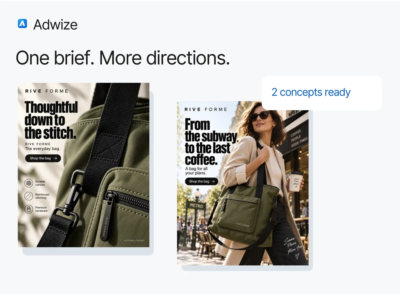 Planche du Brand Kit Adwize « One brief. More directions. » : deux concepts de pub pour le même sac Rive Forme, marqués 2 concepts prêts.