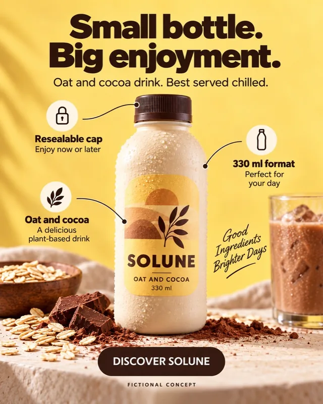 Example ad for Solune, a fictional drink: one bottle with its features, headline “Small bottle. Big enjoyment.”