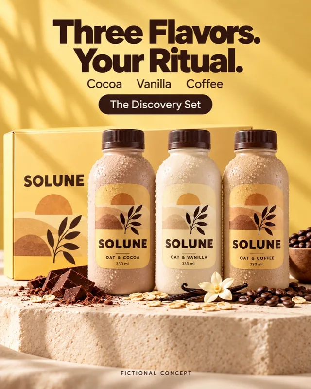 Example ad for Solune, a fictional drink: three flavors in a box, headline “Three flavors. Your ritual.”