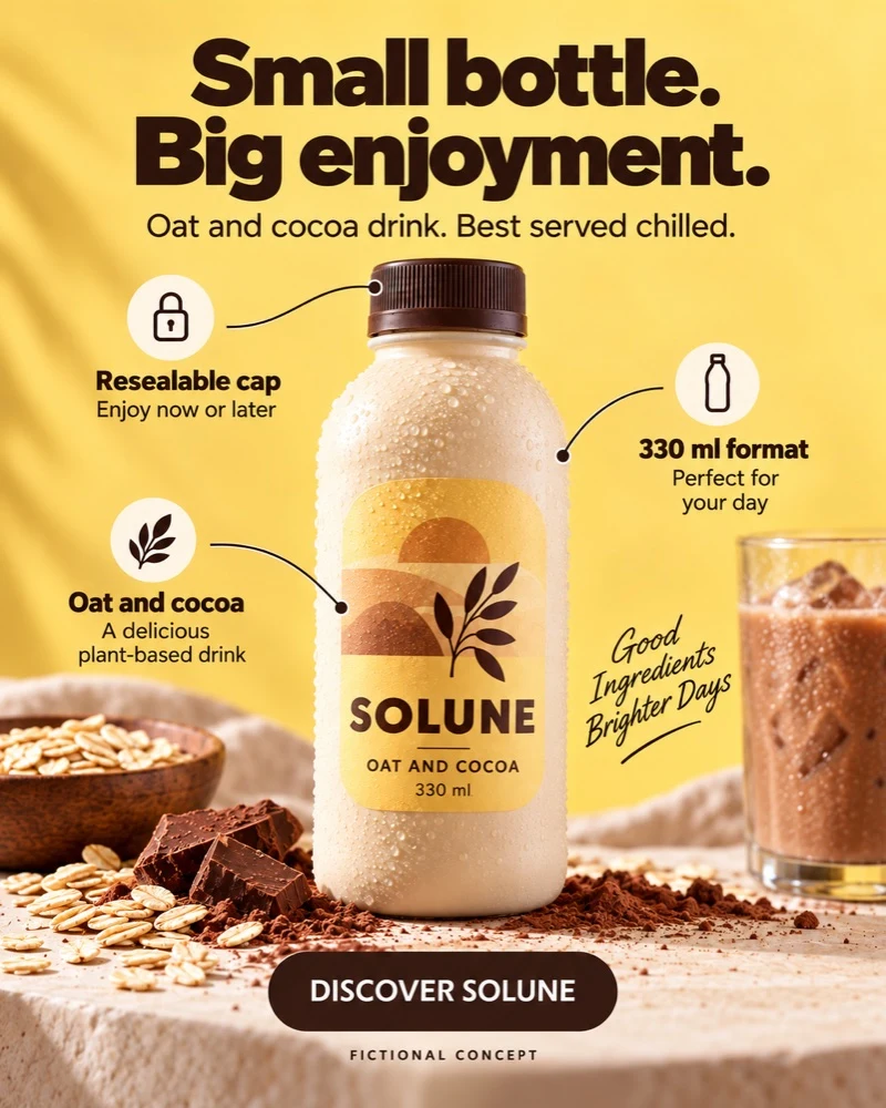 Example ad for Solune, a fictional drink brand